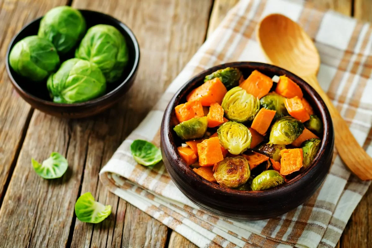 How To Make A Vegan Sweet Potato Roasted Brussel Sprout Salad